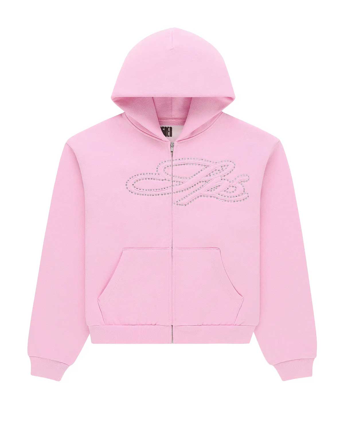 Sp5der Rhinestone Script Zip Up Hoodie Light Pink