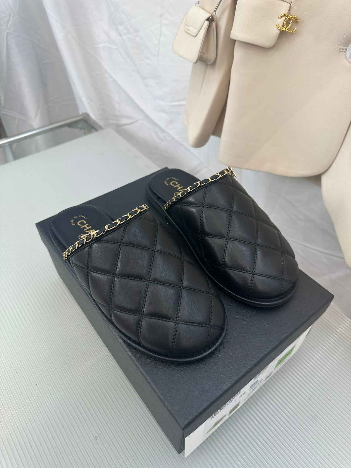 CHANEL Black Lambskin Gold Chain Mules