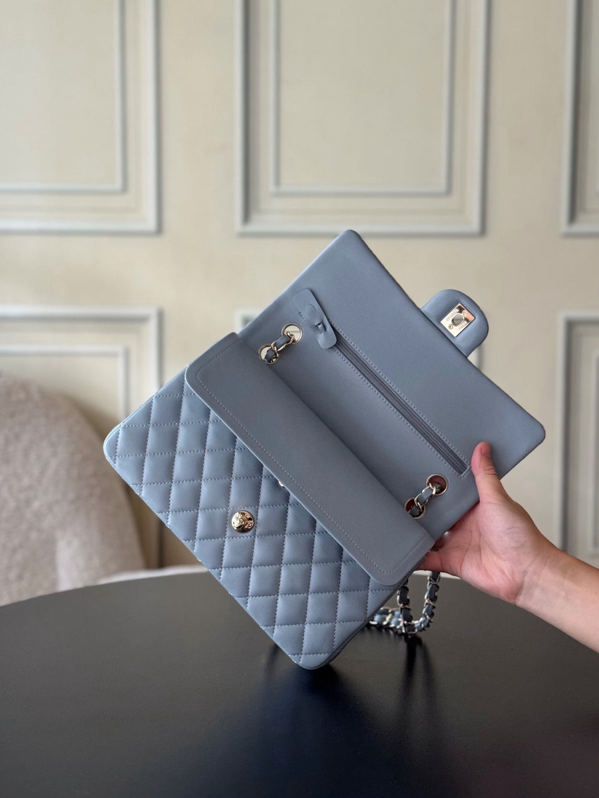 CHANEL 25S CLASSIC FLAP BAG 25 CM IN SLATE BLUE GRAY LAMBSKIN WITH GOLD HARDWARE